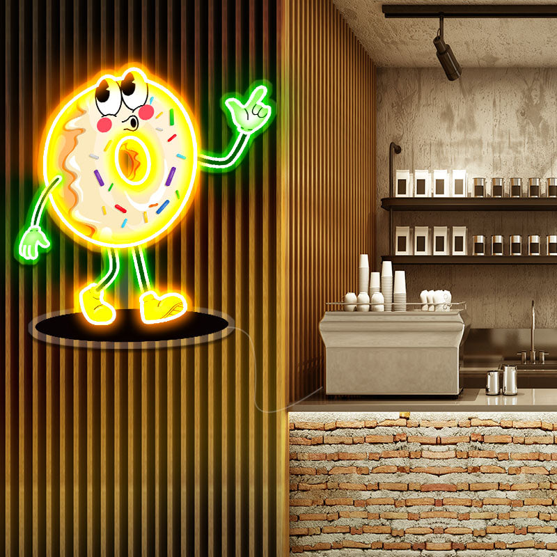 Donut cartoon character neon sings