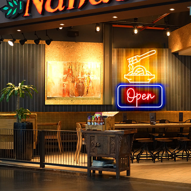 Open LED Neon Sign With Ramen Noodles
