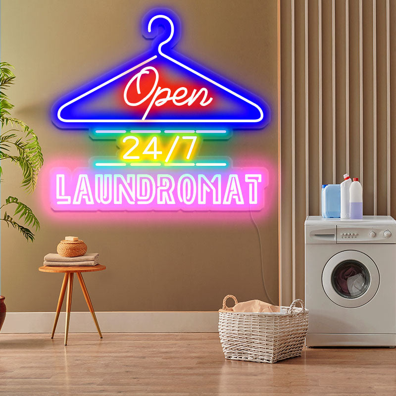 24/7 laundromat neon open signs