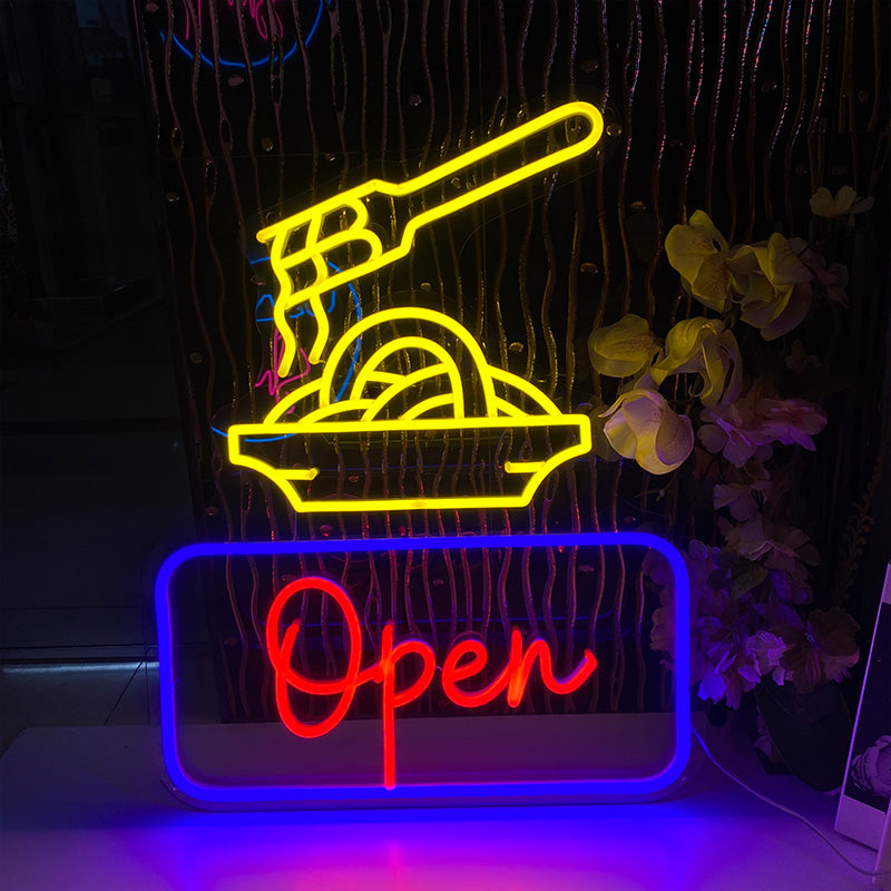 Open LED Neon Sign With Ramen Noodles